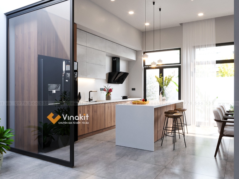 Tủ bếp inox cánh gỗ công nghiệp