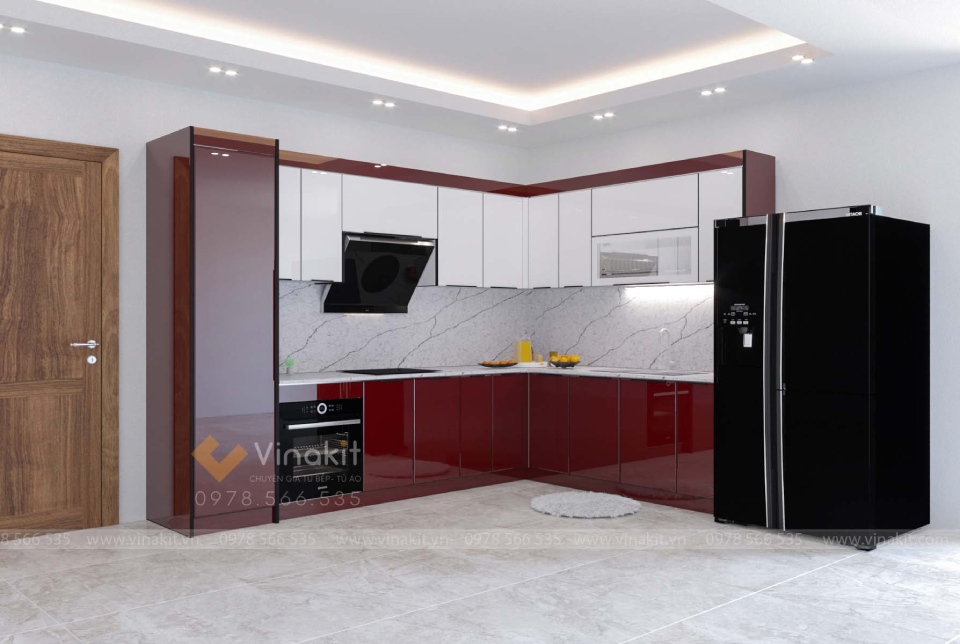 Tủ bếp inox cánh kính chữ L