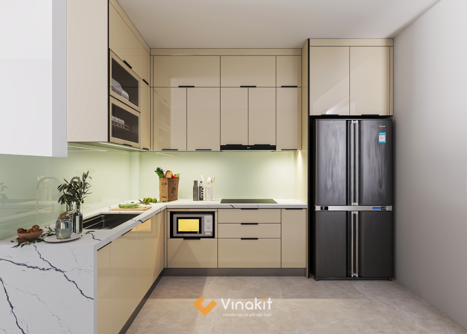 tủ bếp inox kịch trần cánh kính cường lực