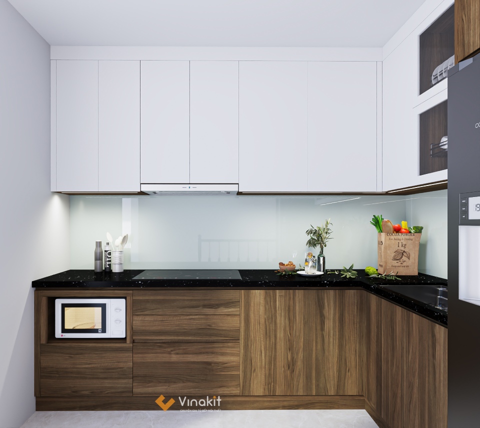 tủ bếp inox kịch trần cánh gỗ công nghiệp